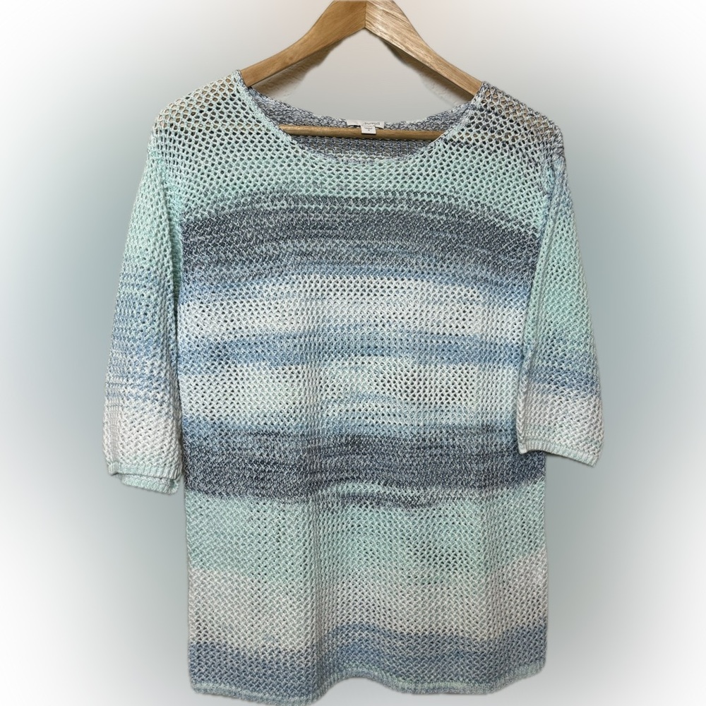 J. Jill Blue and White Crew Neck Tunic Sweater 3/4 Sleeve Open Weave Size Small